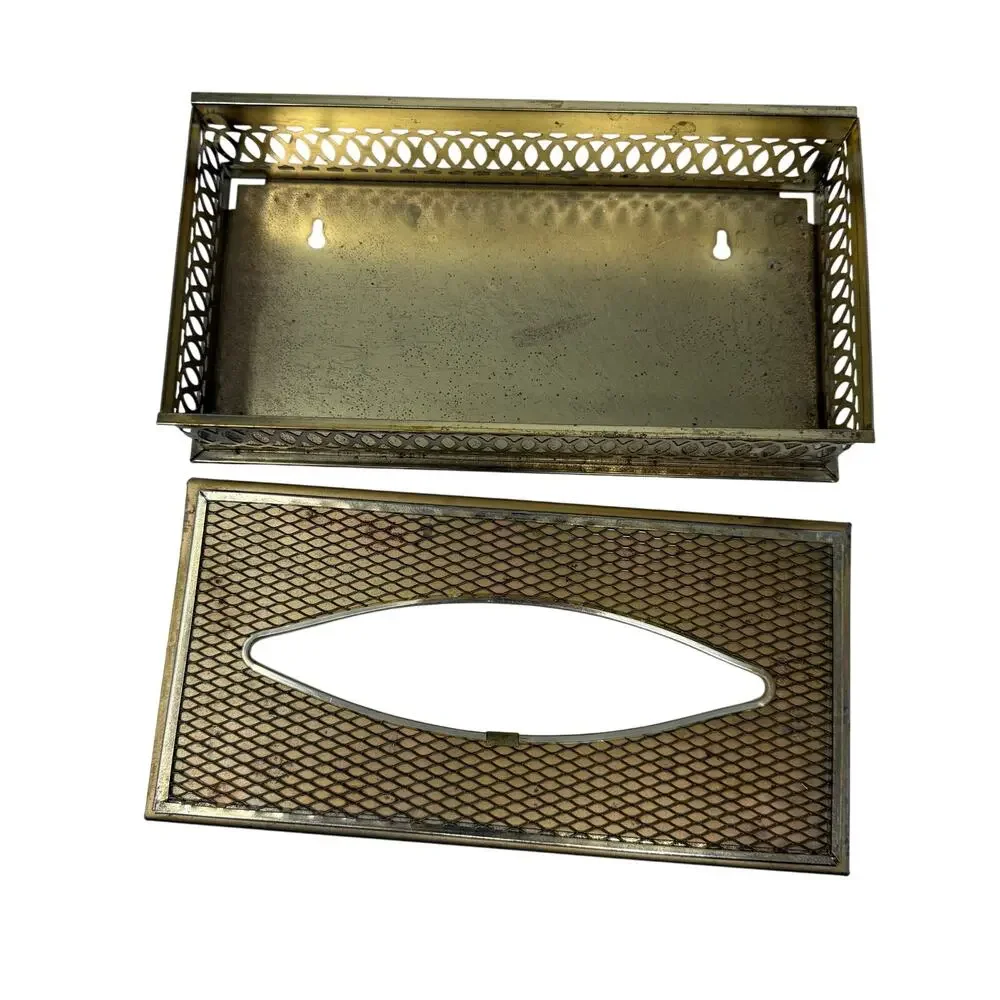 Vintage 70s Tissue Box Cover Holder 10.75” Wall Mount Gold Metal Retro MCM